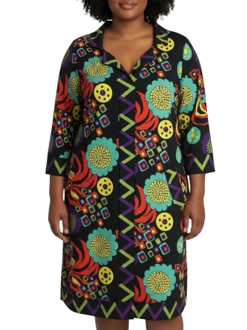 TRACY NEGOSHIAN Black Multi-Color Floral Print Shift Dress w/ Pockets Size Med